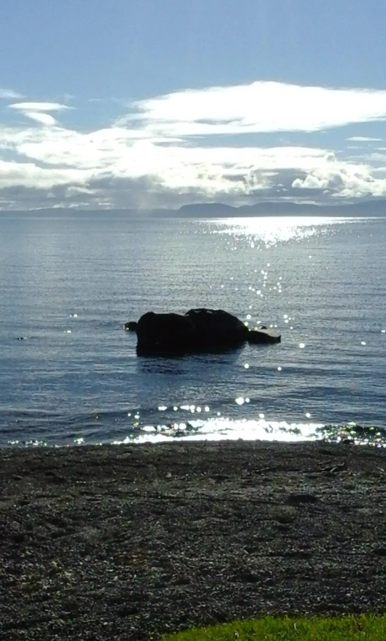 Beautiful day at the lake sun shining on a solo rock