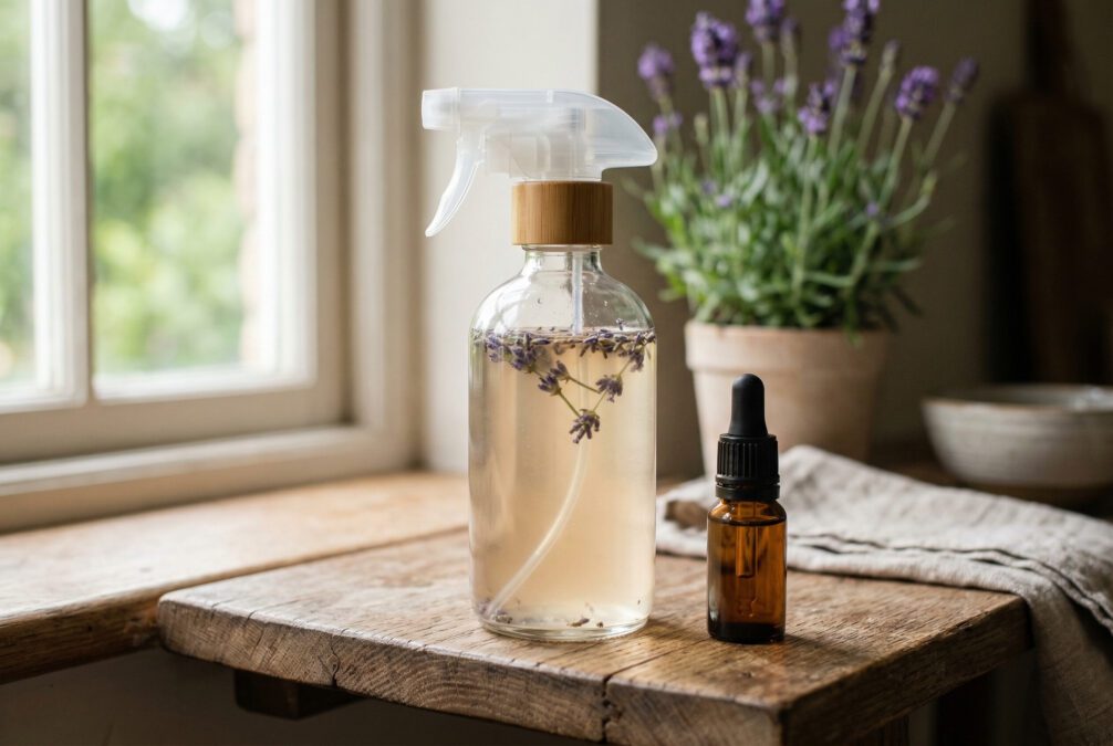 Glass spray bottle containing homemade air freshener next to small bottle of lavender essential oil.