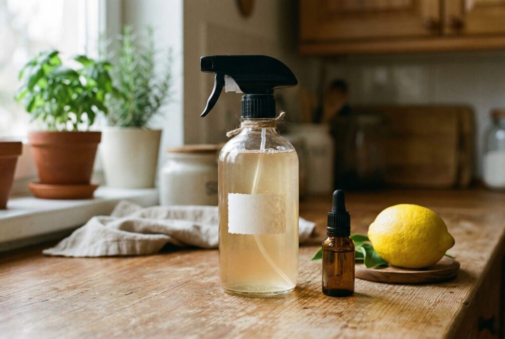 Glass spray bottle containing homemade all-purpose cleaner next to small bottle of tea tree essential oil and a lemon