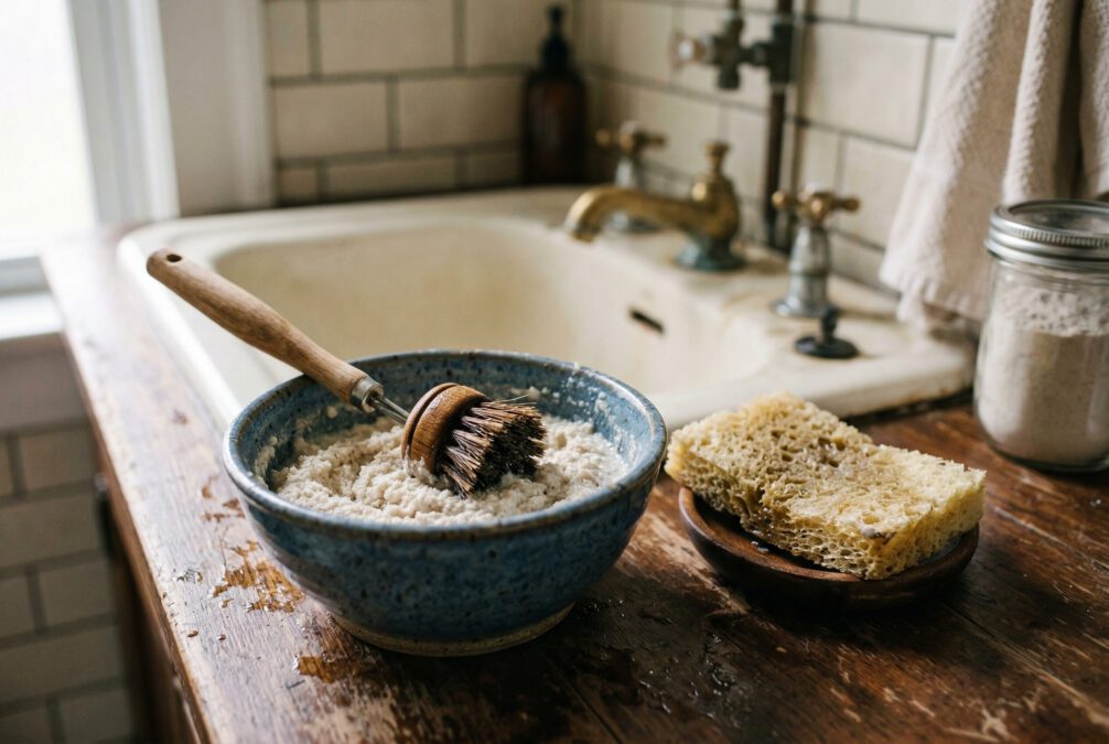 Homemade bathroom paste in a bowl with a brush and sponge.