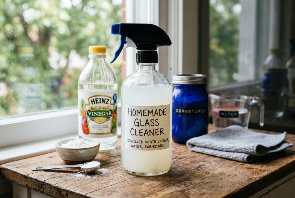 Homemade mirror and glass cleaner in a glass spray bottle next to ingredients used.