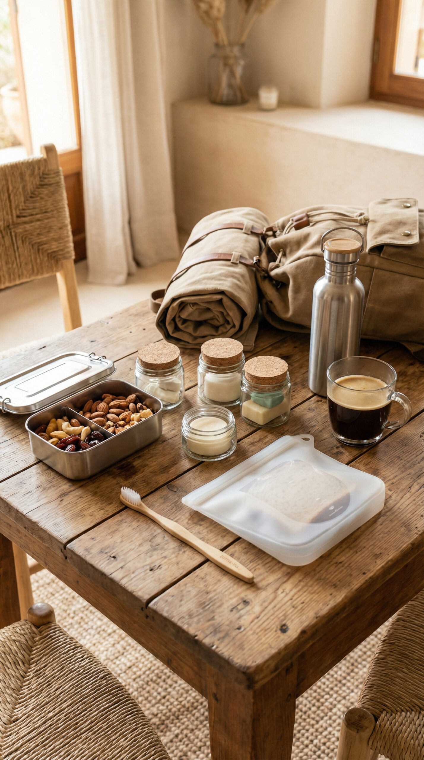 Image of durable, reusable containers for toiletries, snacks, and other travel essentials on wooden coffee table.