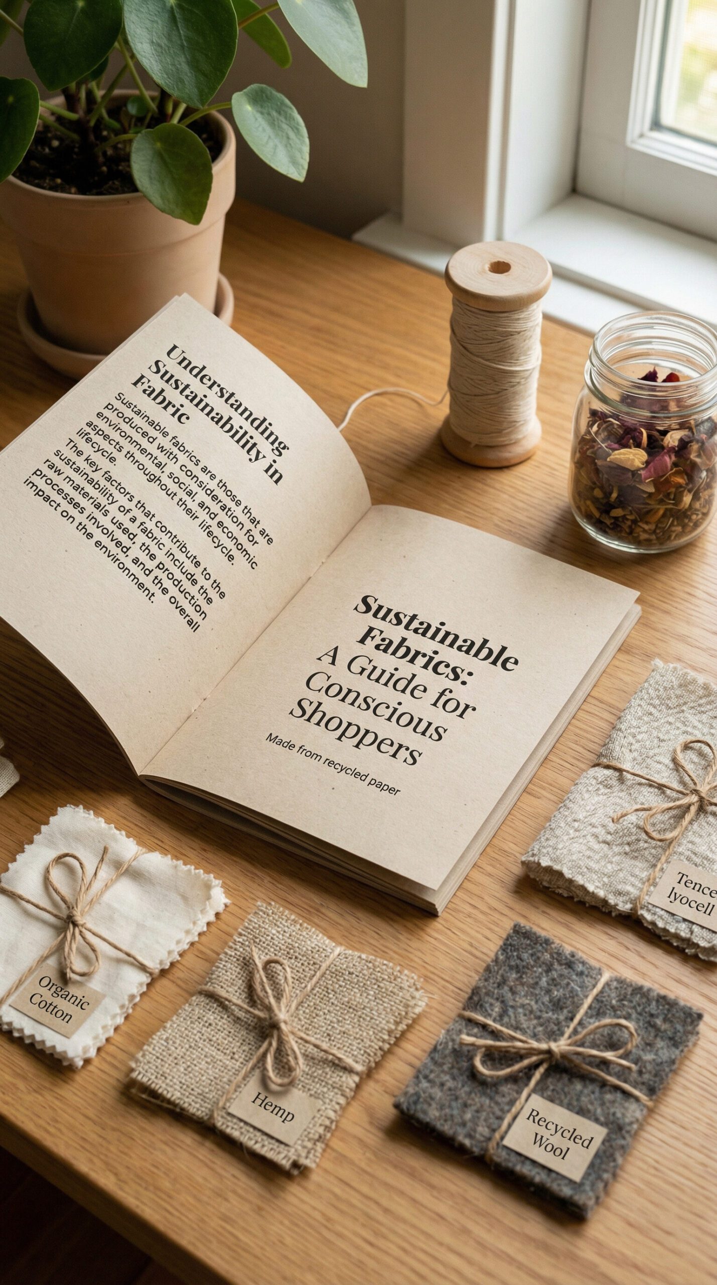 Image of a book that contains the key factors that contribute to the sustainability of a fabric alongside neatly placed piles of sustainable fabrics on a wooden desk.