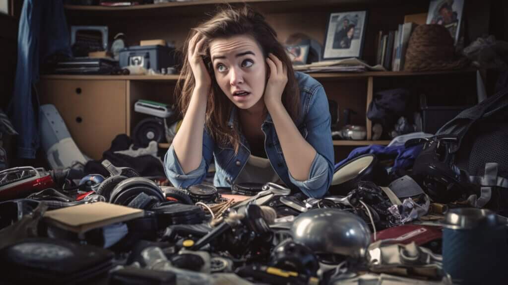 Woman anxious sitting amongst broken technology and non-recyclable items