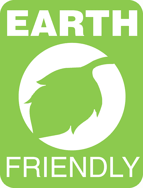 Image of a green "Earth Friendly" poster with leaf in the centre