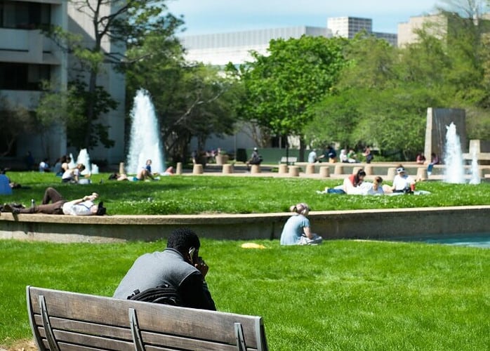 people relaxing in a city green space 