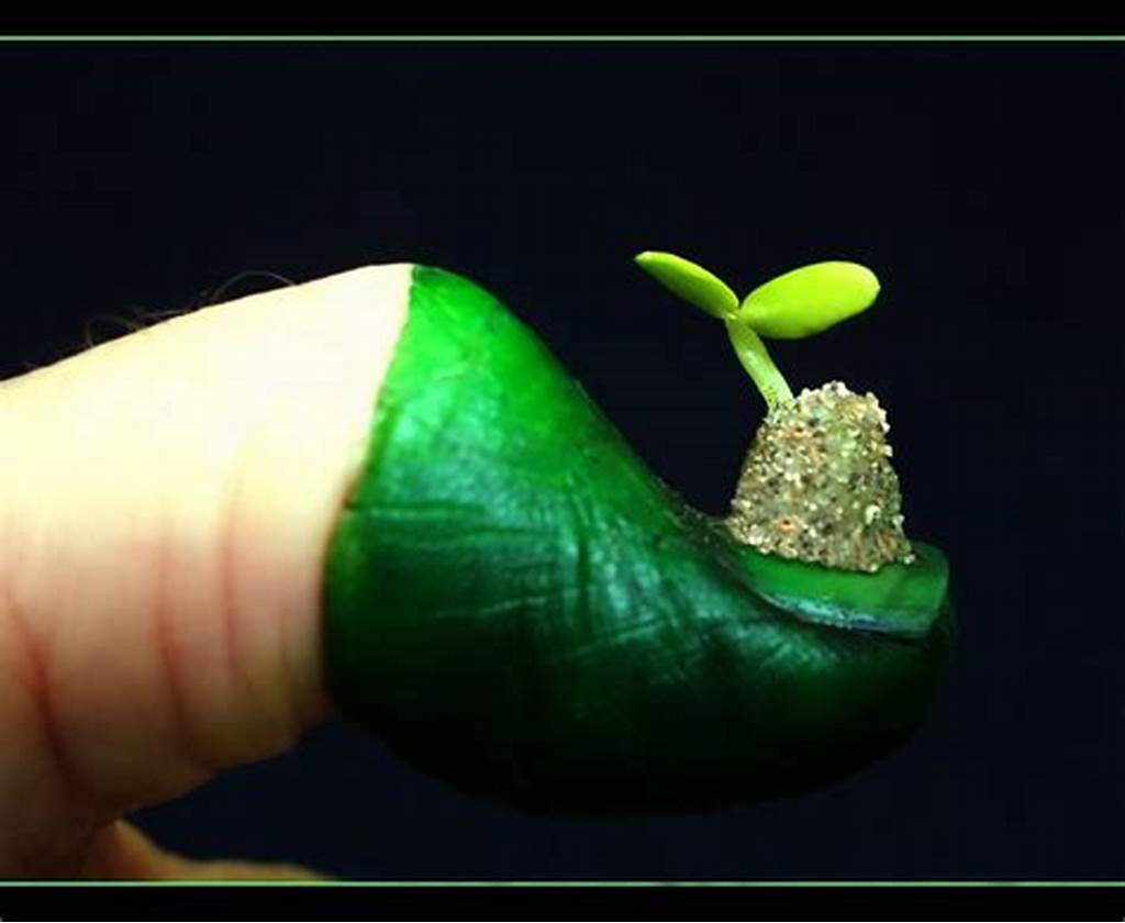 Thumb half painted green with miniature seedling sitting on nail