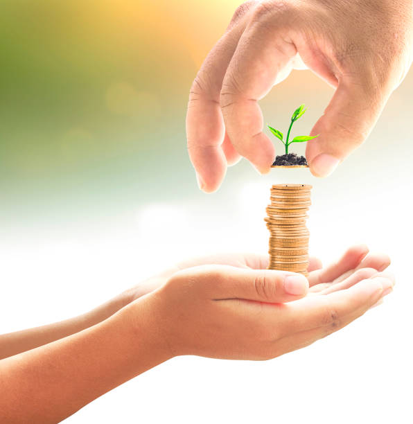 Adult placing miniature tree on top of stack of gold coins that child is holding