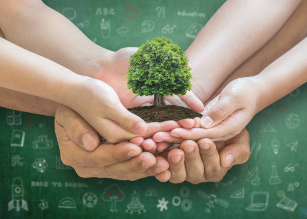 Adult and Childrens hands holding a miniature tree in their palms