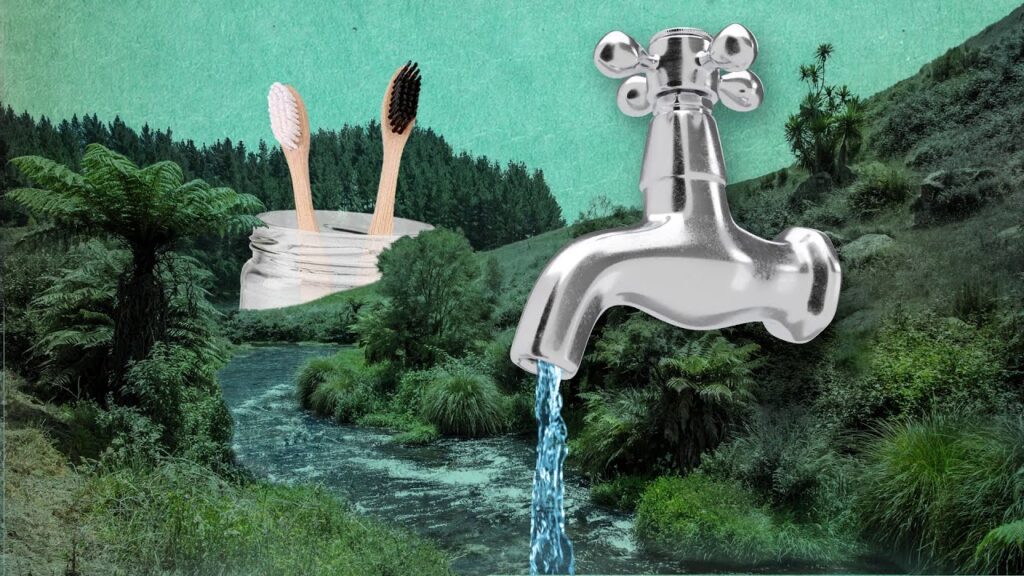 Tap running in front of toothbrushes in glass jar with river and hills in background