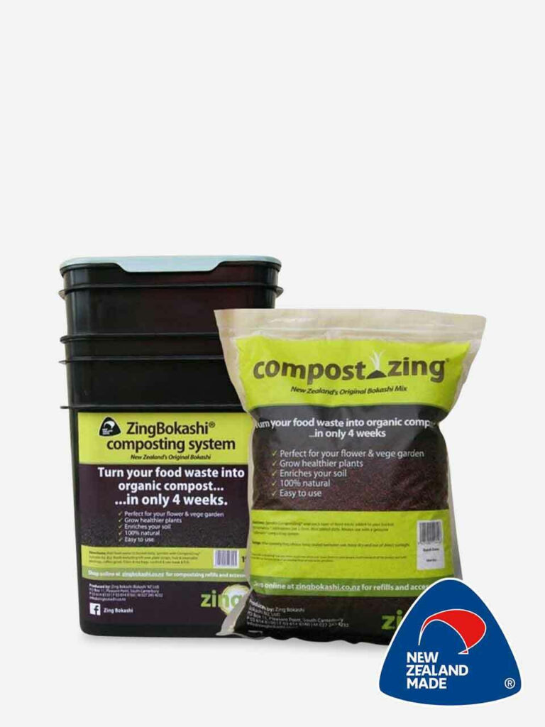 NZ Made Bokashi Bucket with Zing compost starter next to it plus a NZ Made logo in right hand bottom corner
