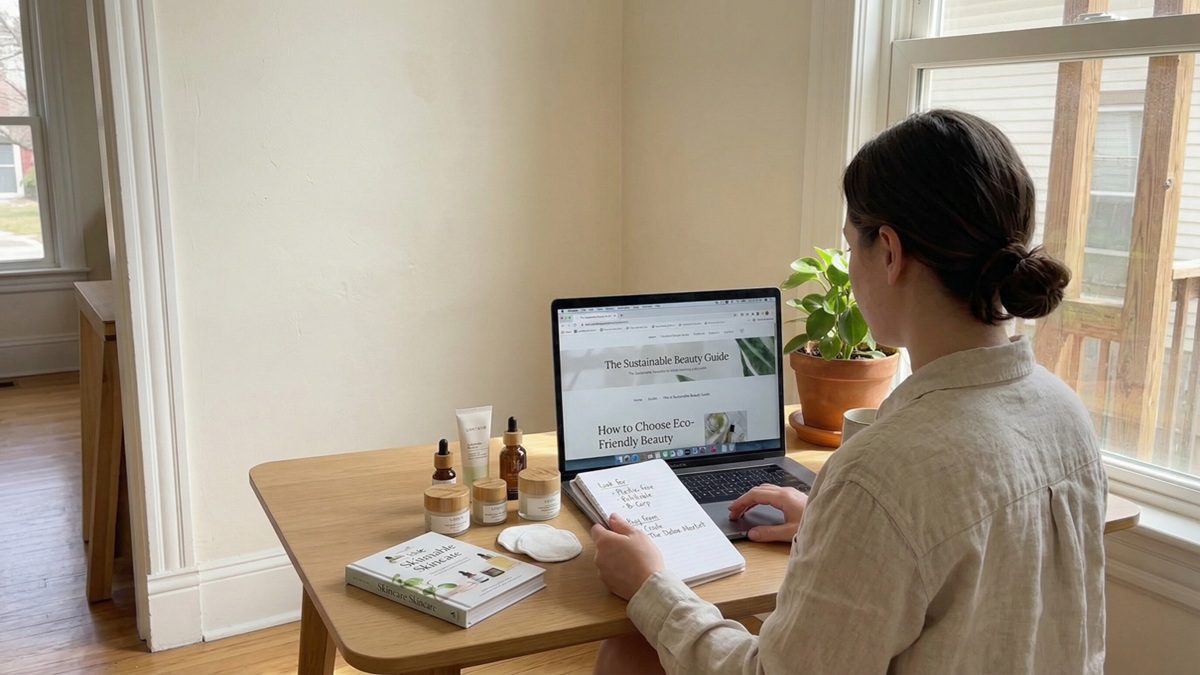 Woman sitting at her laptop checking a simple guide to eco-friendly beauty products online
