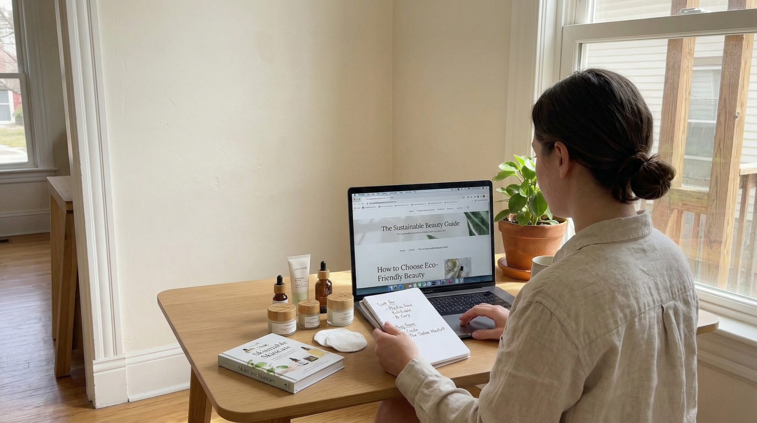 woman sitting at her laptop checking a simple guide to eco-friendly beauty Products Online