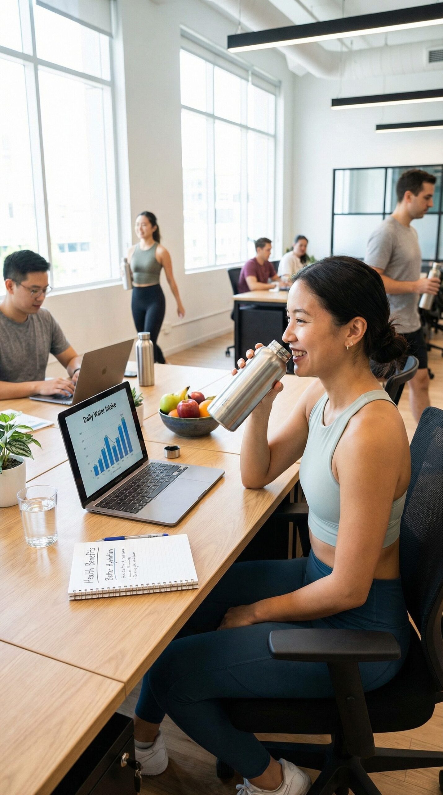 Image of people in a library setting carrying and drinking from reusable bottles to stay hydrated throughout the day.