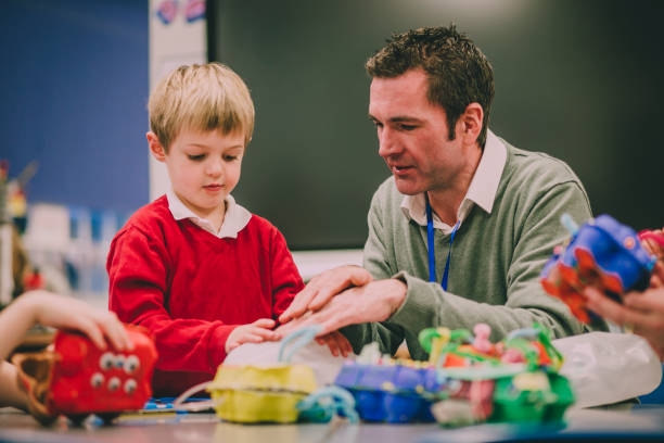 Teacher is helping his primary school student in the classroom with their project.