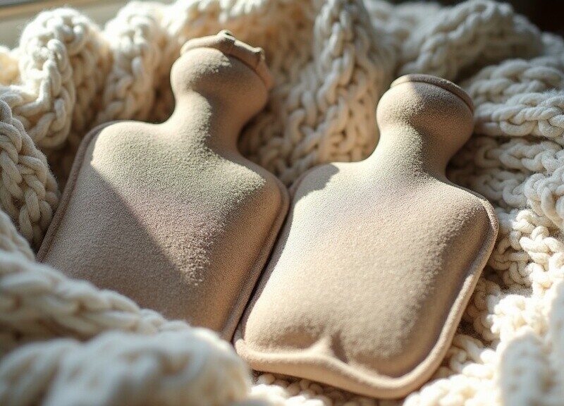 2 Hugo Frosch 2L Eco Hot Water Bottles nestled in cosy wool rug. 