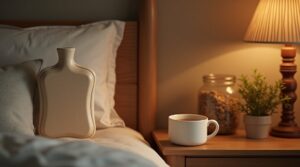 Eco hot water bottle resting up against a pillow on a bed in a subtly lit cosy room.