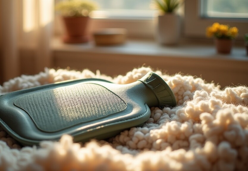 covered eco hot water bottle on a fleecy blanket