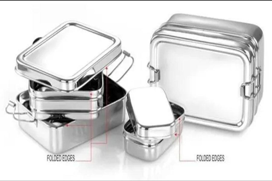 Twin layer rectangular stainless-steel lunchbox with snackbox