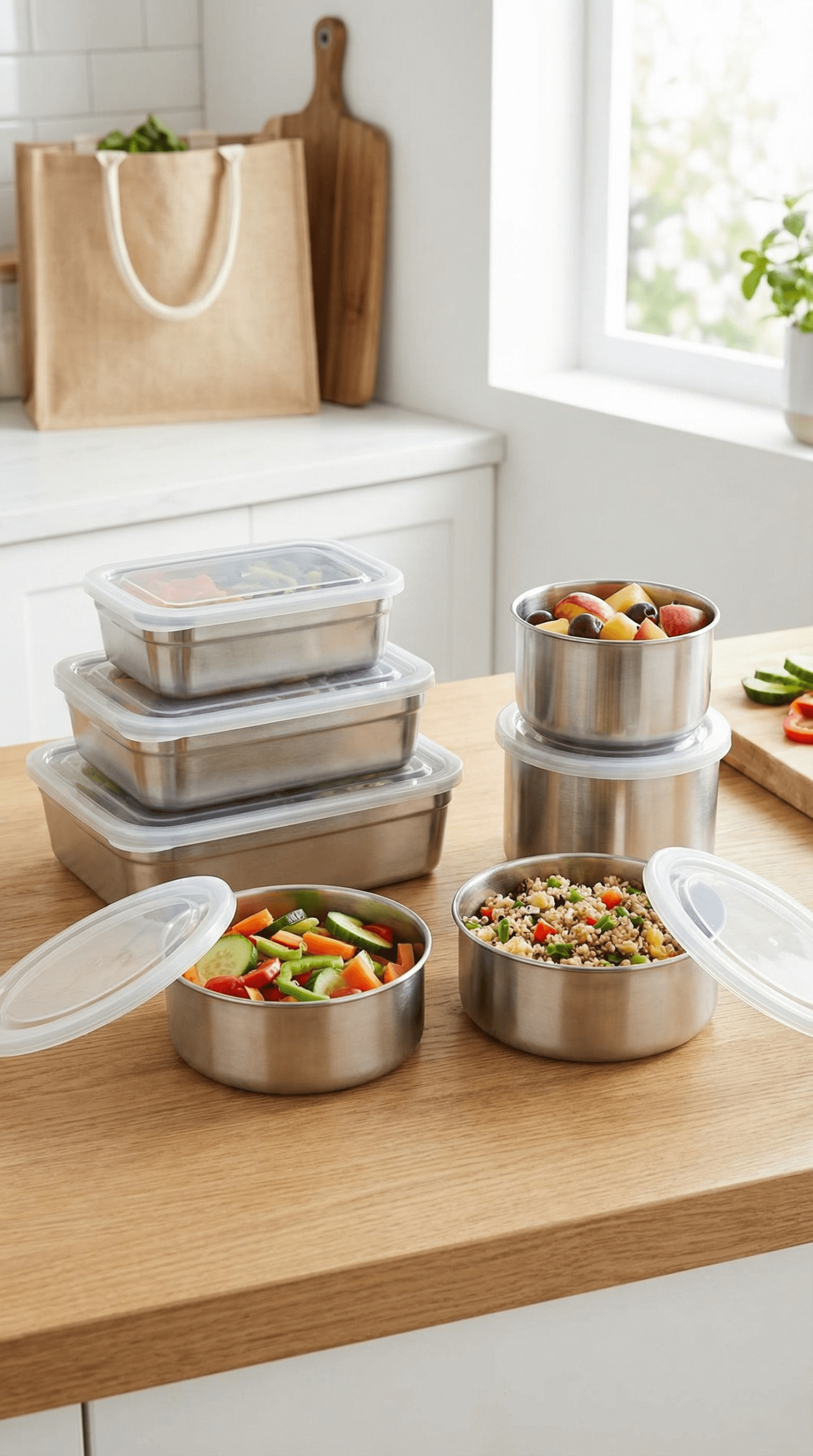 Image of a stainless-steel container set containing food with leakproof seals on and off stacked on wooden kitchen countertop