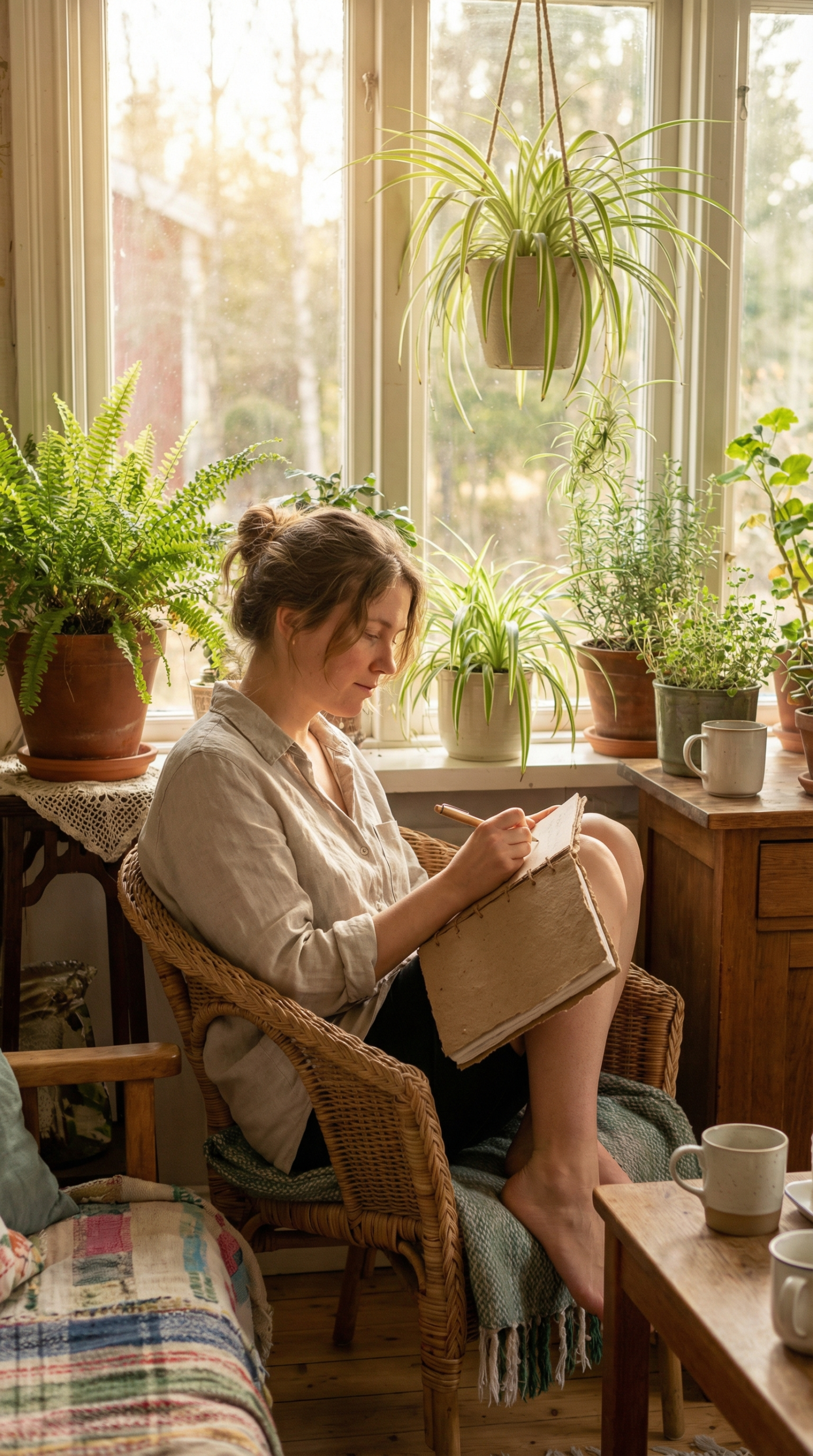 Woman sitting by a sunny window journaling in a handmade recycled paper notebook, indoor plants around, warm natural light, cozy sustainable home setting.