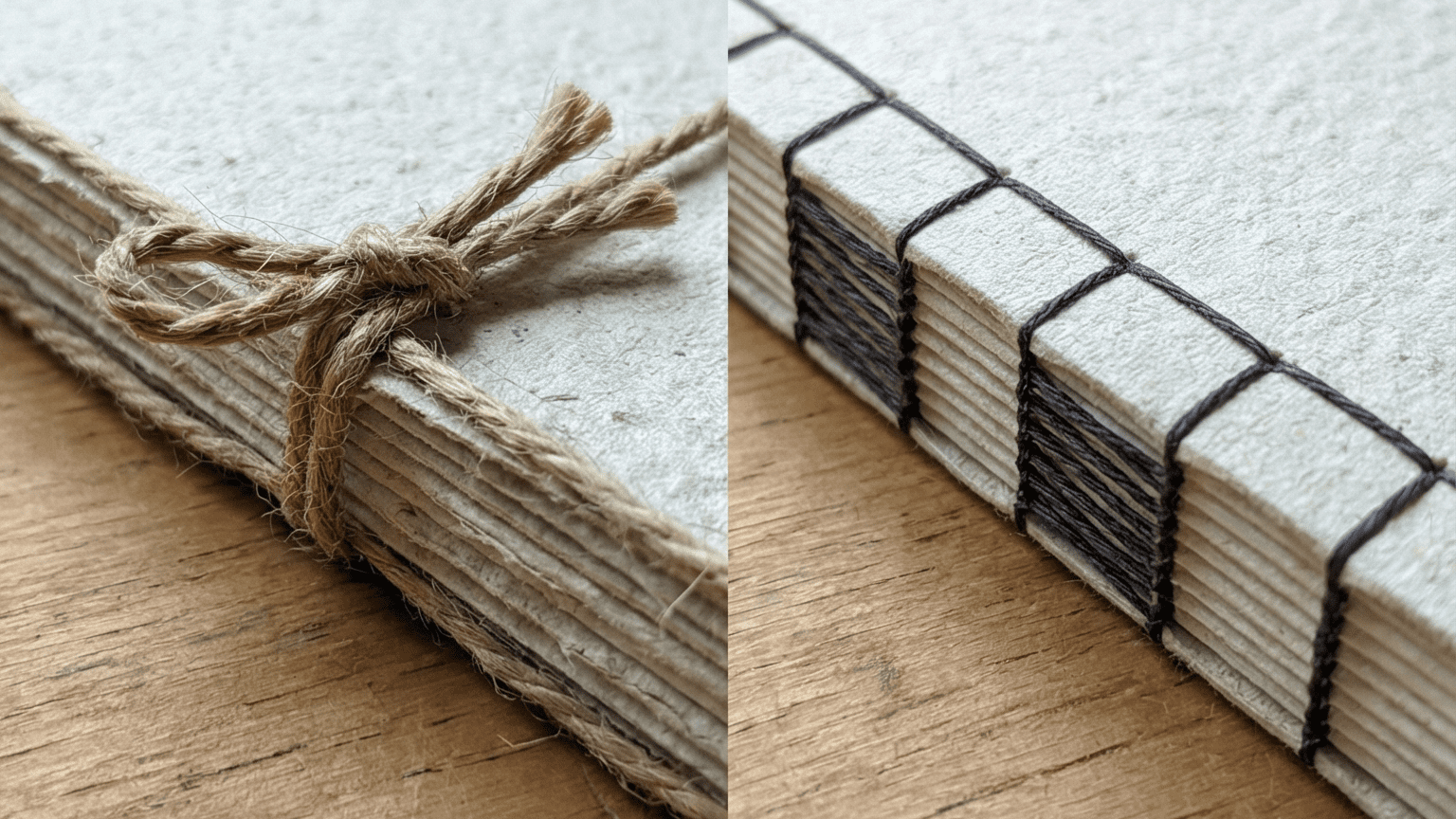 Close-up of different sustainable journal binding techniques including twine binding, Japanese stab stitch, saddle stitch, natural fibre cords