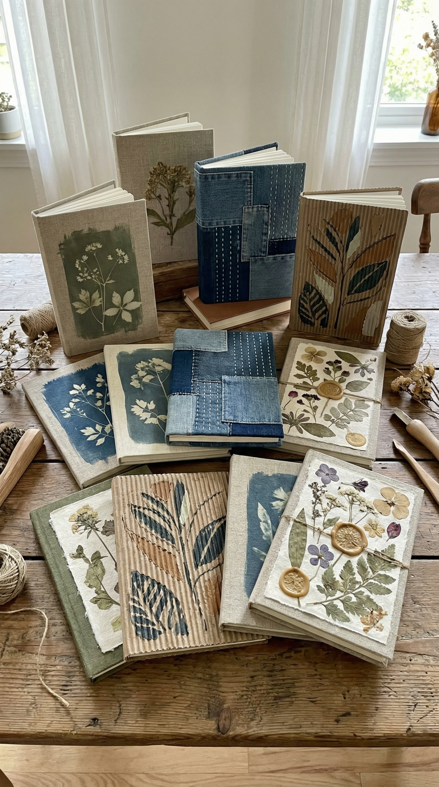Collection of 10 handmade eco journal covers displayed together, botanical prints, denim, cardboard art, pressed leaves,