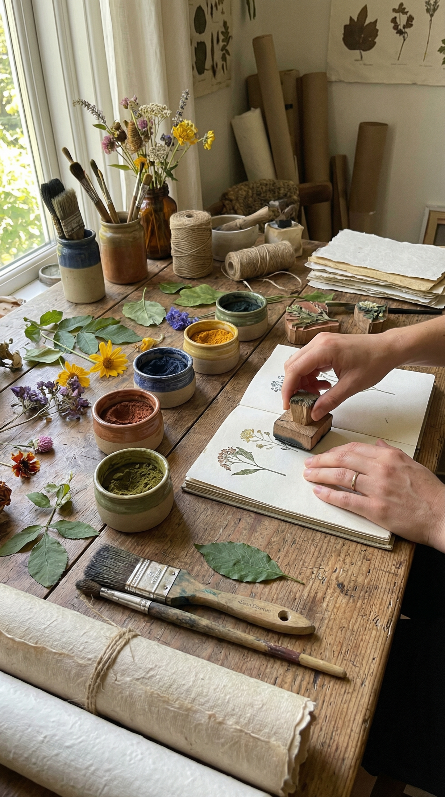 Hand stamping recycled journal pages using homemade botanical stamps and natural dyes, earthy colors, creative eco craft setting.