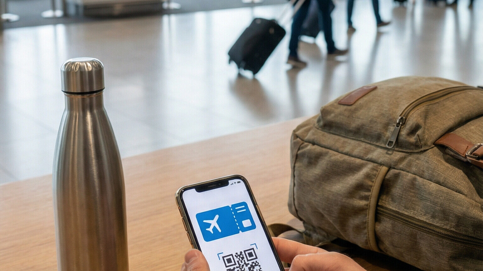 Image of person in an airport holding a have saved them digitally on their smartphone with their travel reservations saved digitally with other travel accessories next to them on a table.