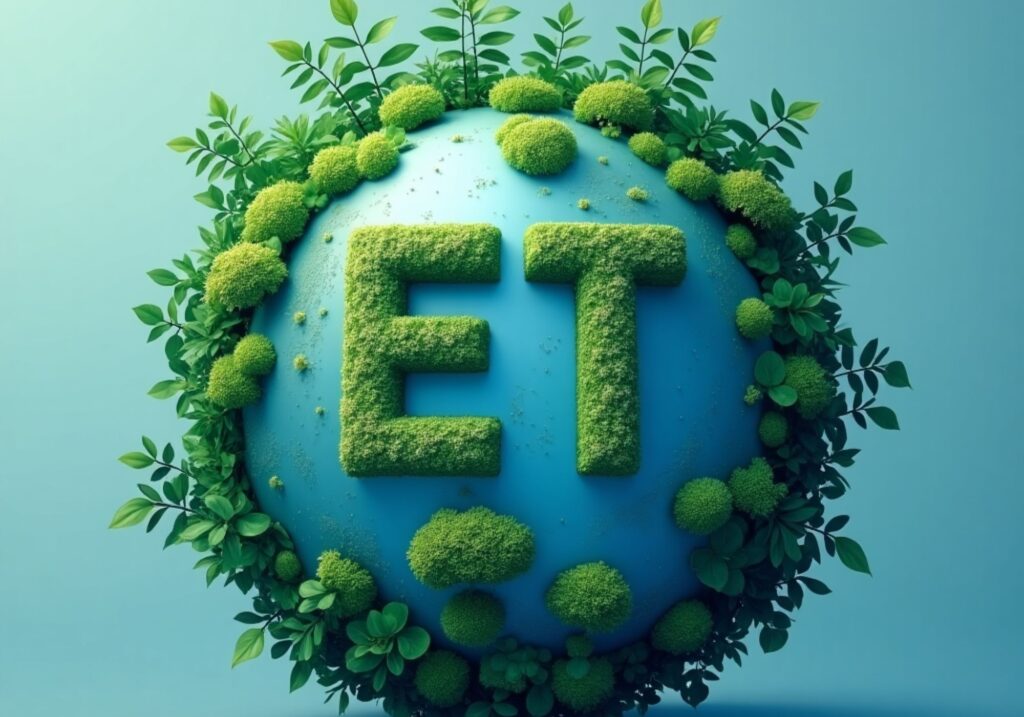 ET letters in green fauna on a blue globe surrounded by green fauna on a square blue background