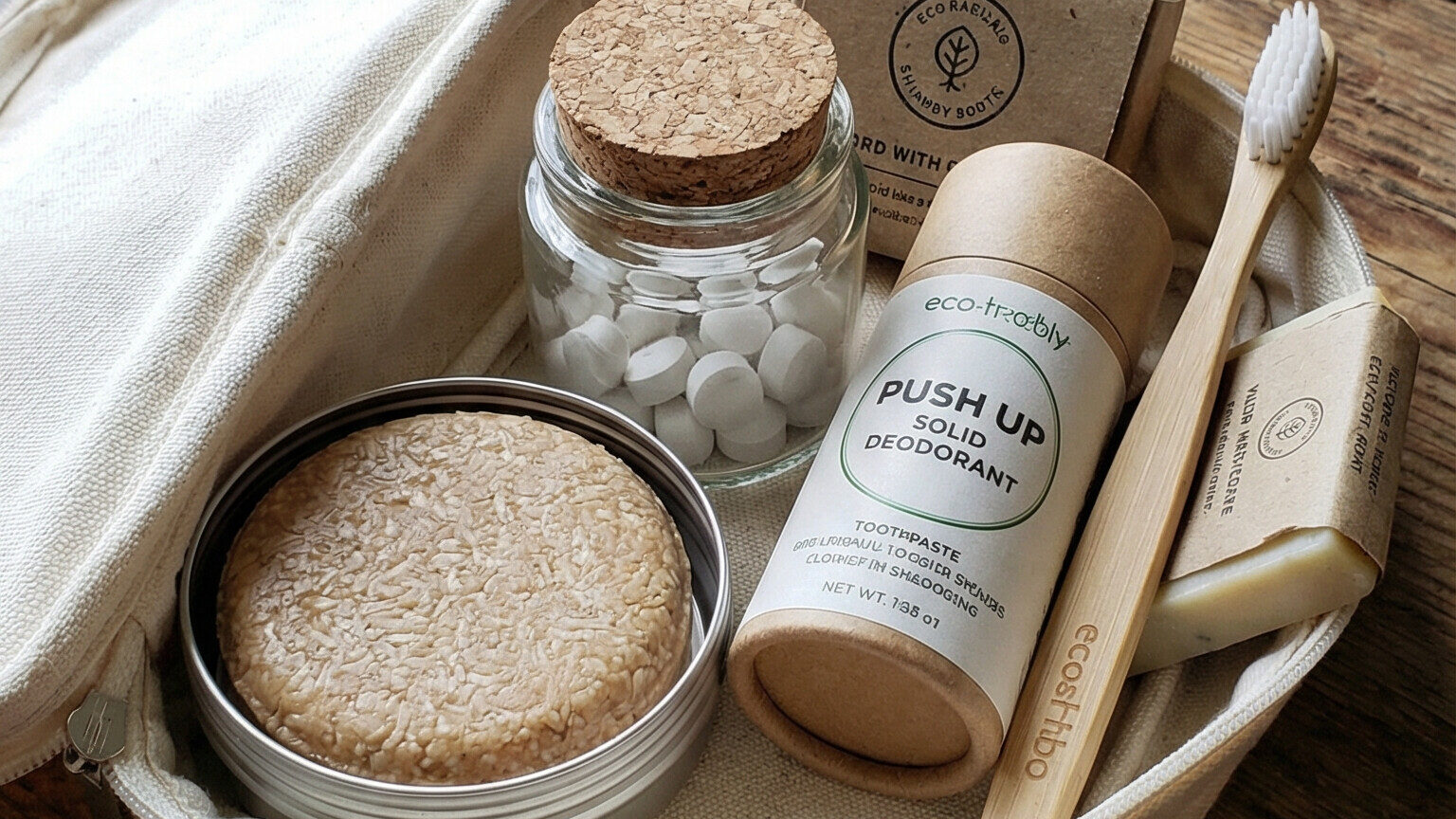 Zero waste toiletries, such as shampoo bars, toothpaste tablets, and solid deodorants packed in a toiletry bag.