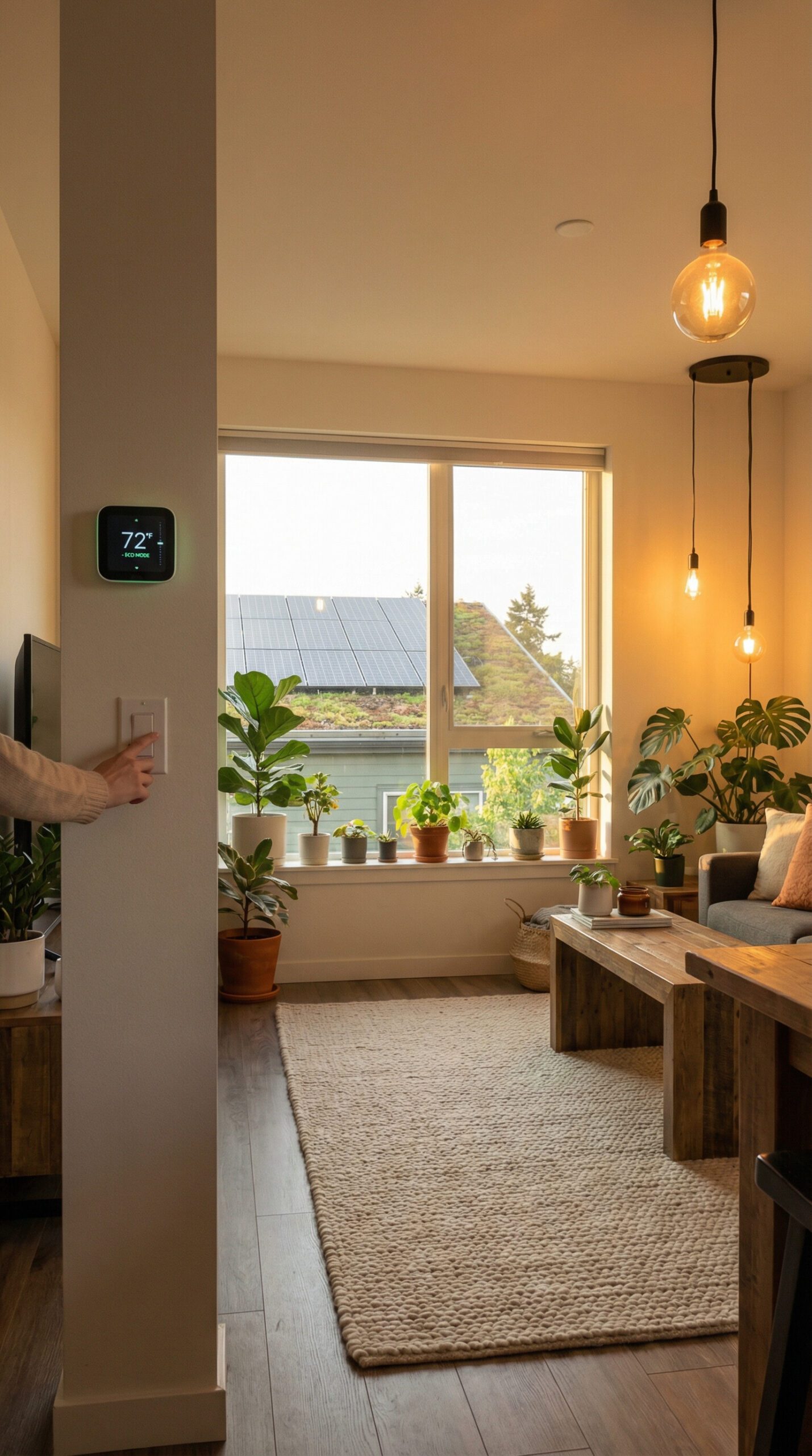 Cozy modern home interior at golden hour, energy-efficient LED bulbs glowing softly, solar panels visible on rooftop through window, smart thermostat on wall, person turning off a light switch, houseplants near window,