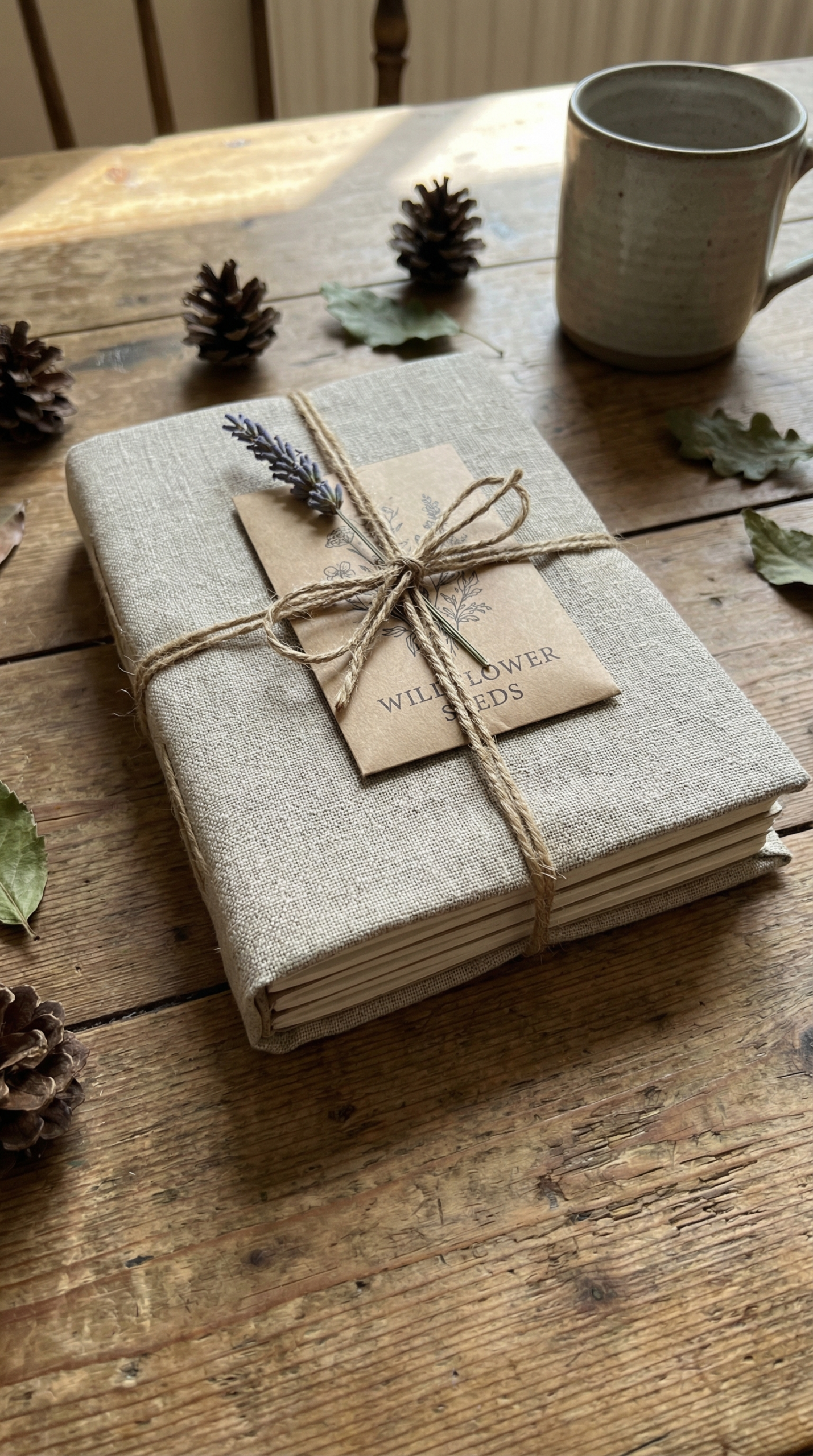 Handmade eco journal wrapped in fabric cloth with twine and small seed packet attached, thoughtful sustainable gift presentation.