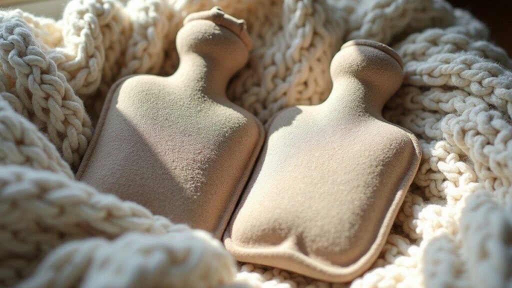 2 Hugo Frosch 2L eco hot water bottles nestled in cosy wool rug.