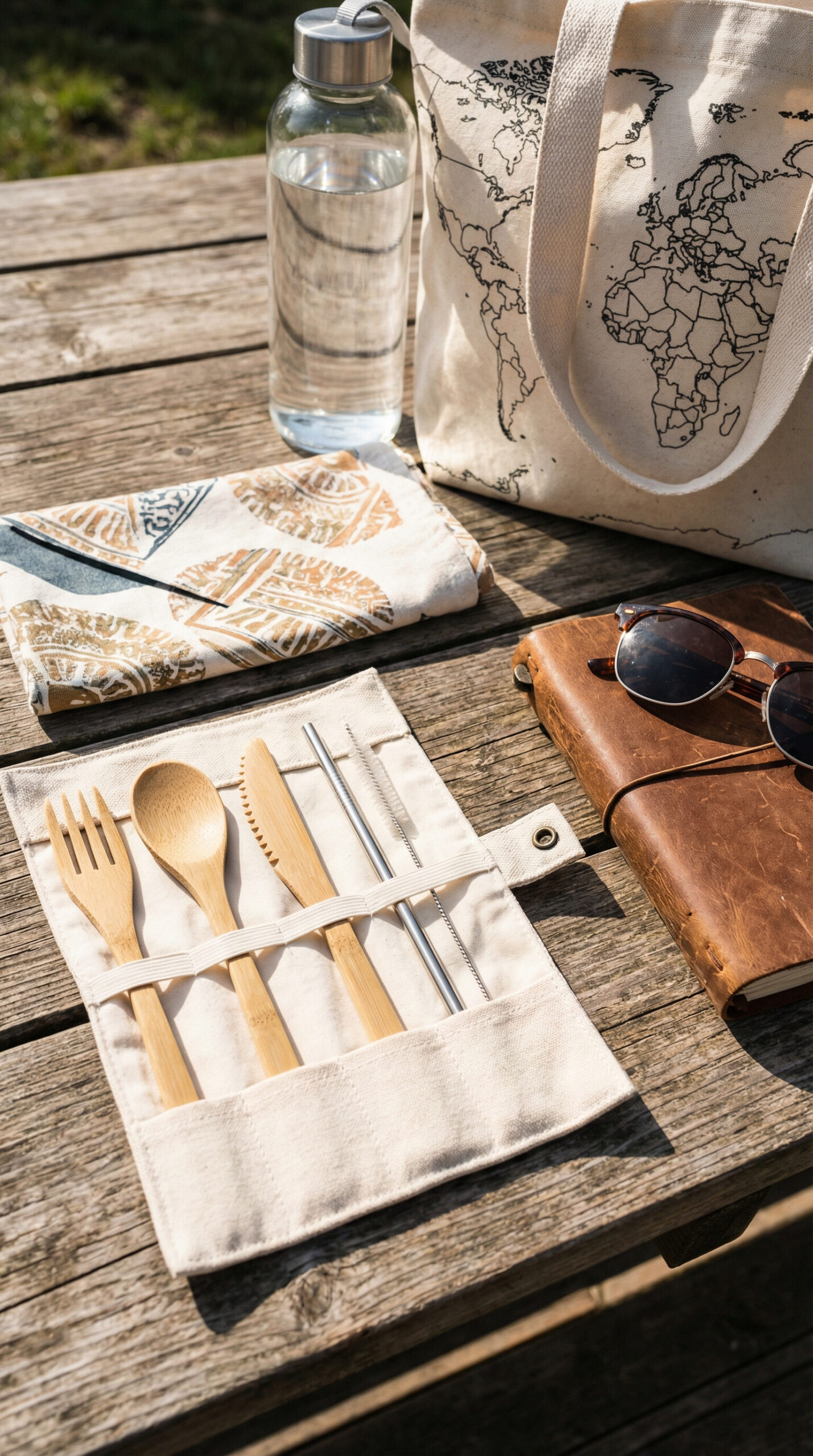Image of a set of reusable utensils, a stainless-steel straw, and a cloth napkin next to other travel accessories on a wooden table.