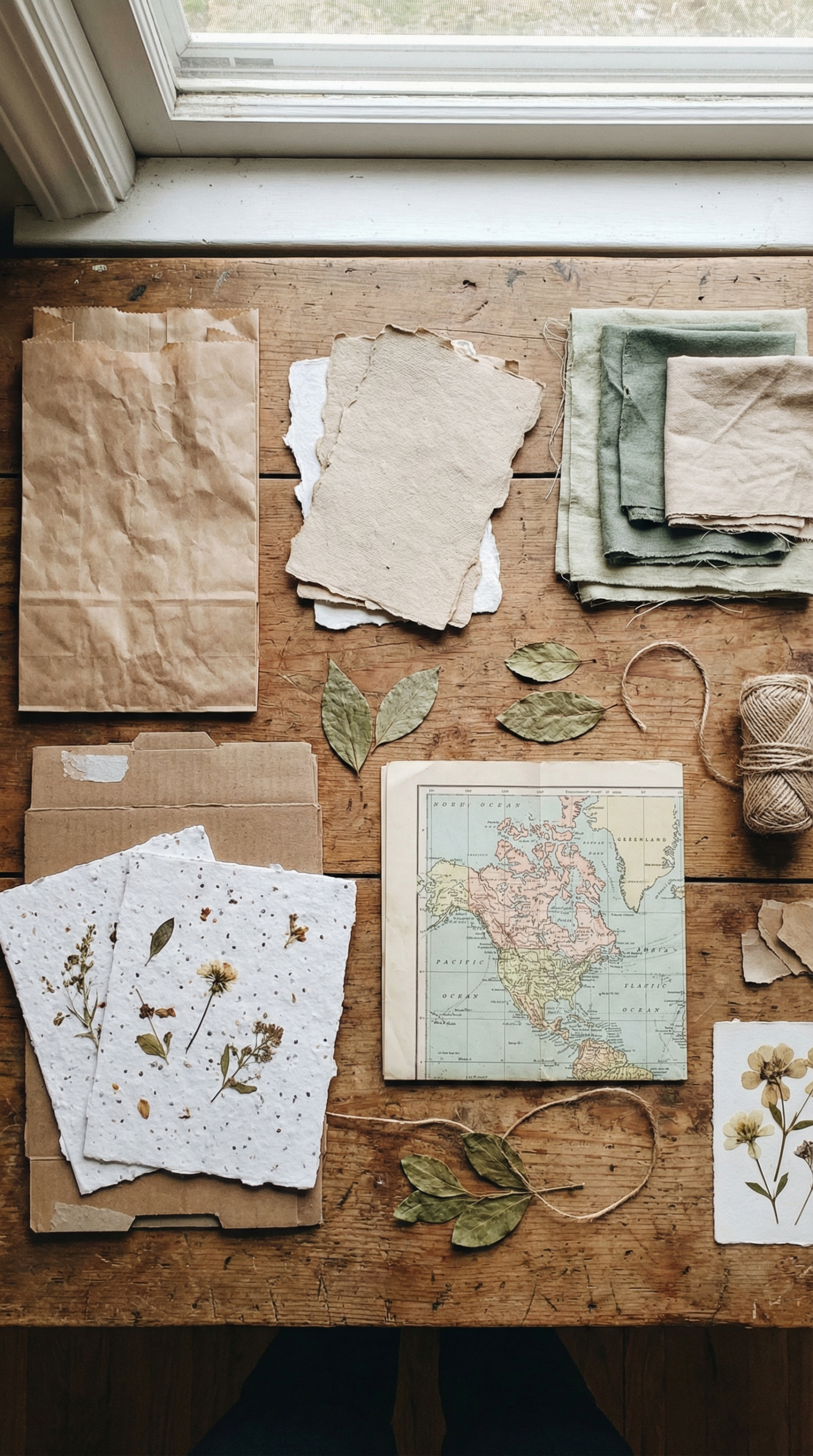 Flat lay of sustainable journal materials including scrap paper, brown paper bags, fabric scraps, cereal boxes, seed paper, old maps.