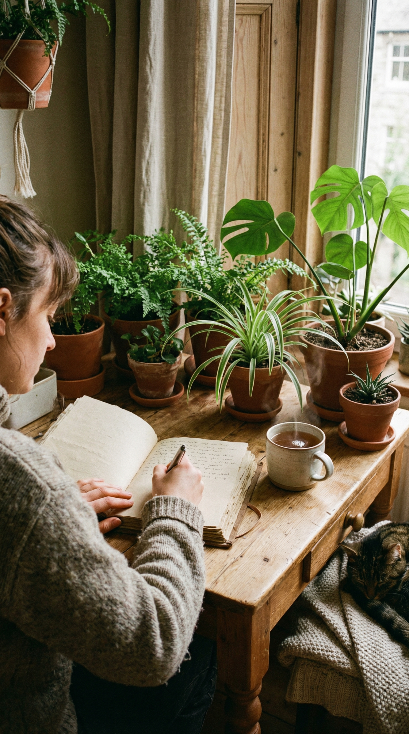 Person journaling daily in handmade eco notebook beside indoor plants and cup of tea, cozy sustainable lifestyle vibe.