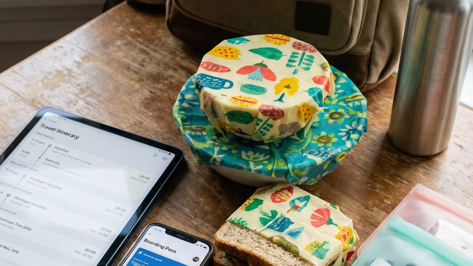 Image of sustainable items for travel, fabric backpack, stainless steel water bottle. beeswax wraps, silicone storage pouches and digital devices with travel documentation on the screens.