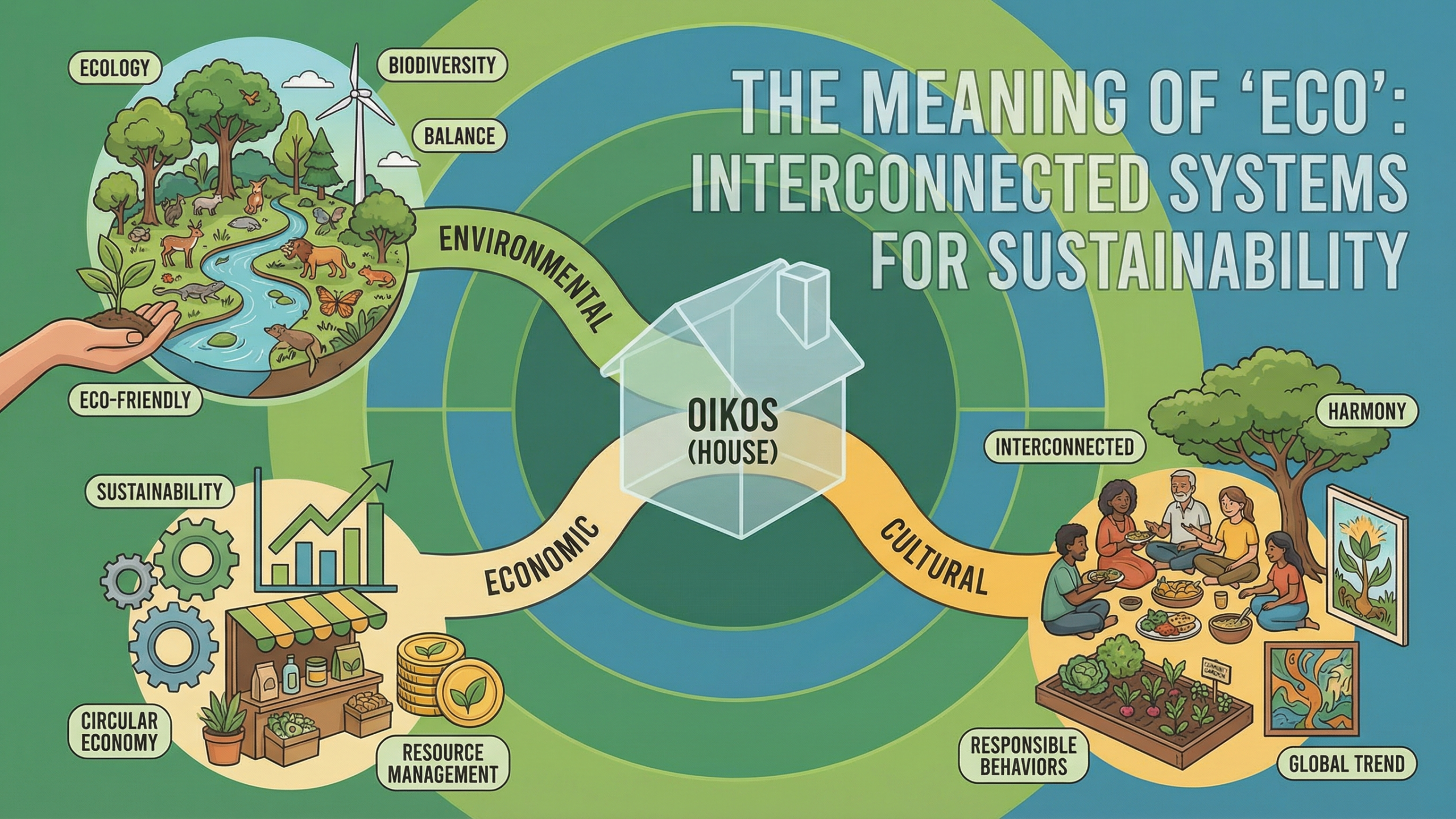 Info gram image describing and showing the meaning of 'eco': interconnected systems for sustainability