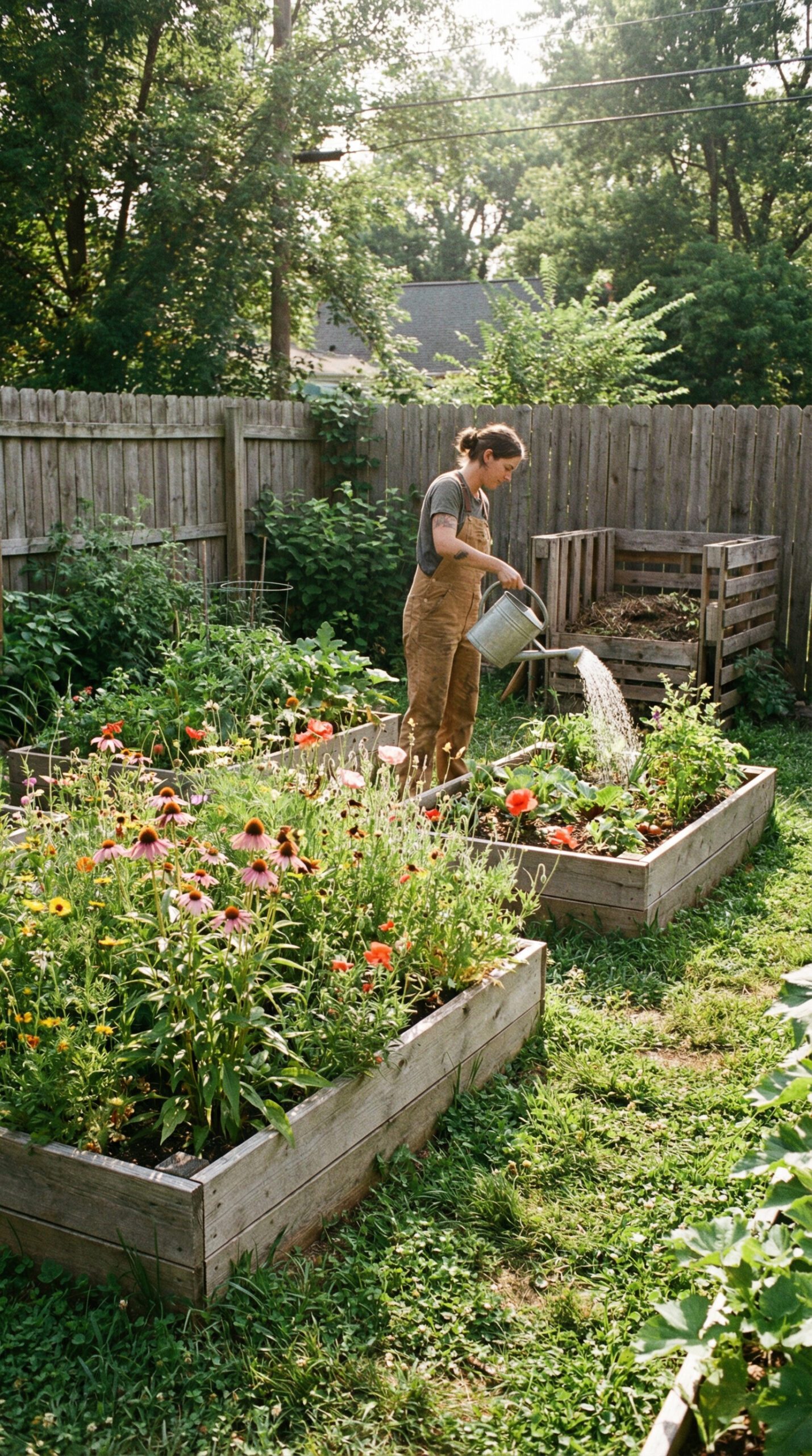 Backyard eco garden filled with native plants and wildflowers, raised wooden garden beds, compost bin in corner, person watering plants with metal watering can, butterflies and bees visible, lush greenery, rustic wooden fence, natural sunlight.