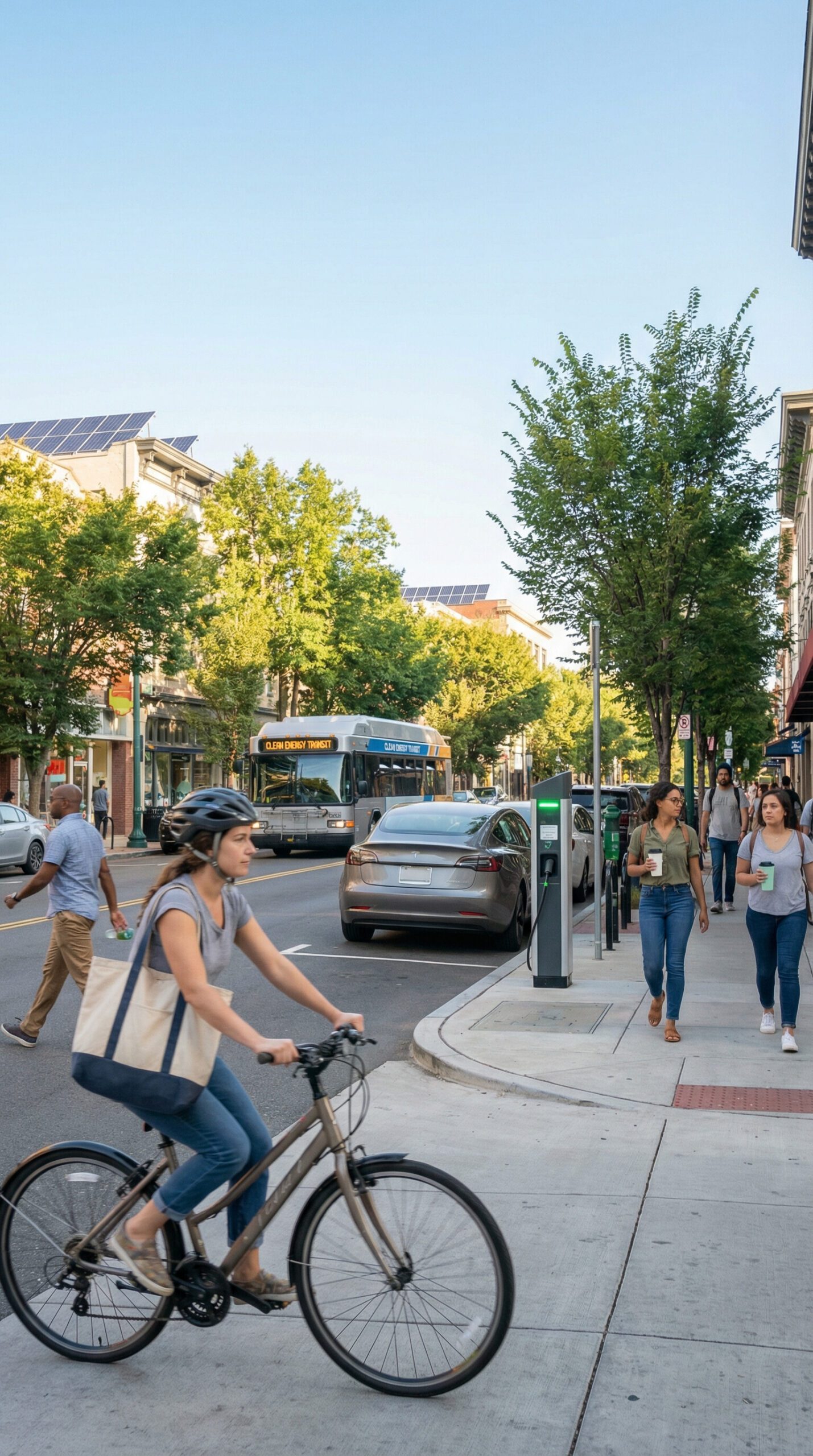 Urban morning scene with diverse people commuting sustainably, woman riding bicycle with tote bag, electric car parked at charging station, bus passing in background, tree-lined street, bright blue sky, eco-friendly city lifestyle.