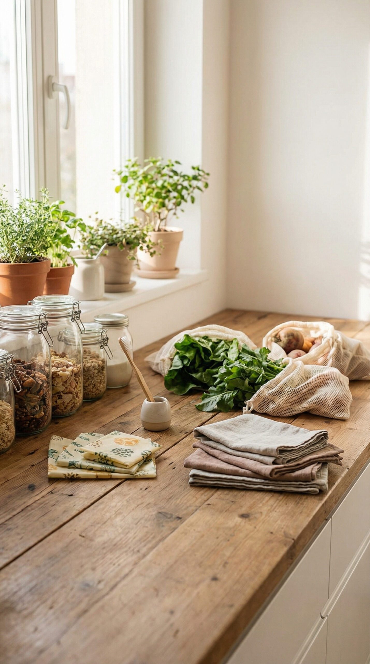 Bright, airy modern kitchen with natural light streaming through a window, a wooden countertop styled with reusable glass jars, beeswax wraps, bamboo toothbrush, reusable produce bags filled with vegetables, minimal packaging products, linen cloths.