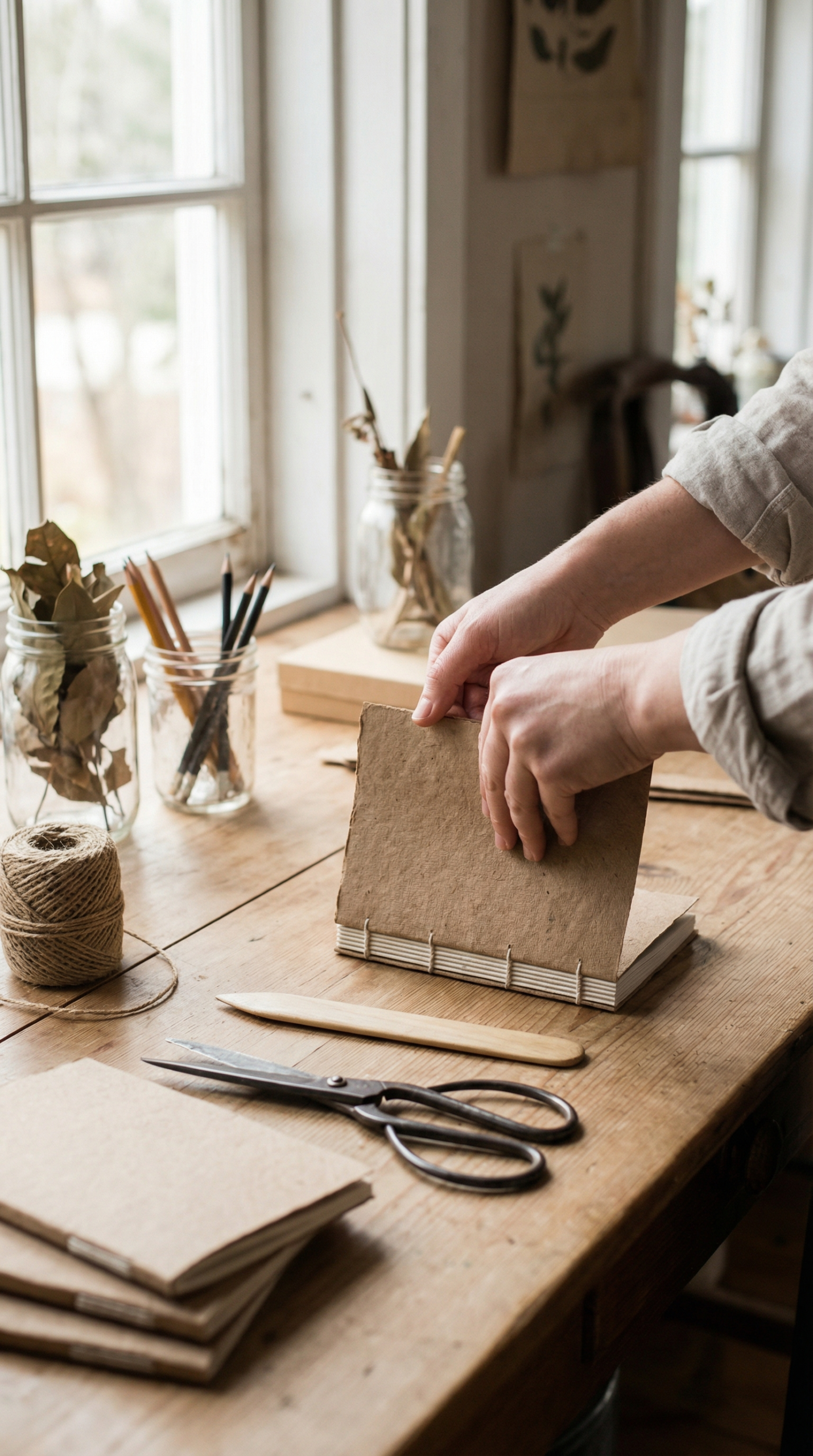 Hands folding recycled paper into a small handmade journal booklet, craft workspace, scissors, and twine.