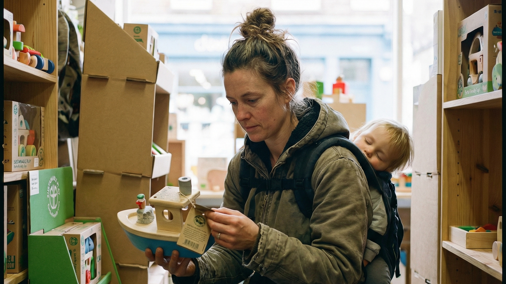 parent perusing eco-friendly toys to purchase for their child