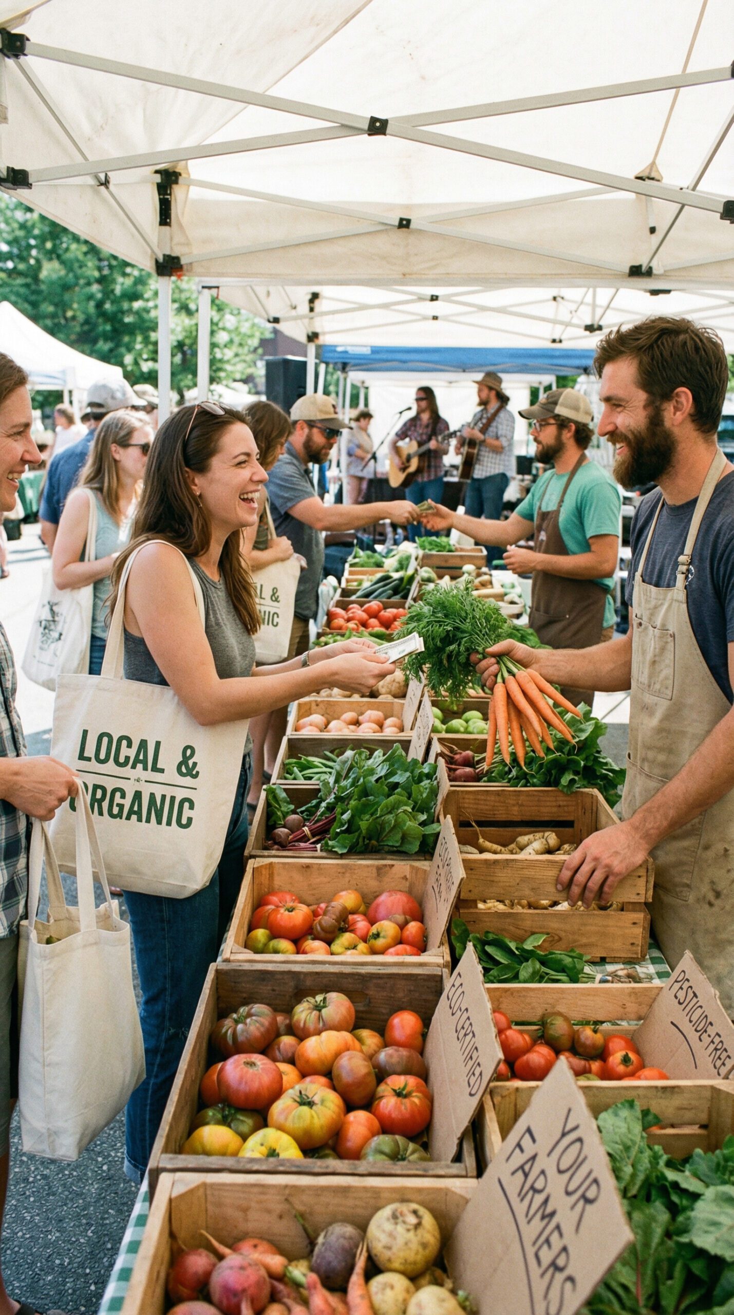 Farmers market scene with local vendors, fresh organic produce in wooden crates, reusable shopping bags, handwritten eco-certification signs, friendly exchange between customer and vendor, warm community atmosphere.