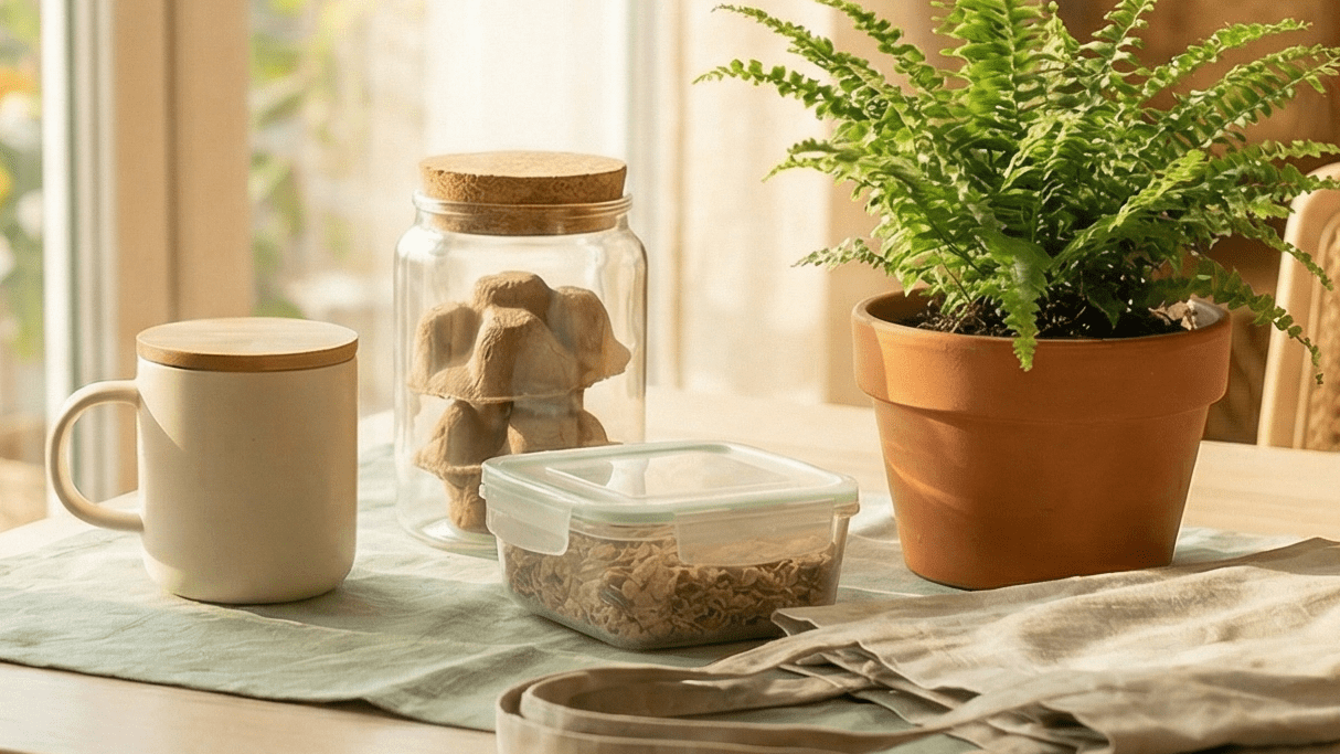 Bright, natural light eco-lifestyle scene with reusablereusable sustainable products on dining table. Unlike traditional plastics, these materials decompose more rapidly, lessening their impact on the environment.