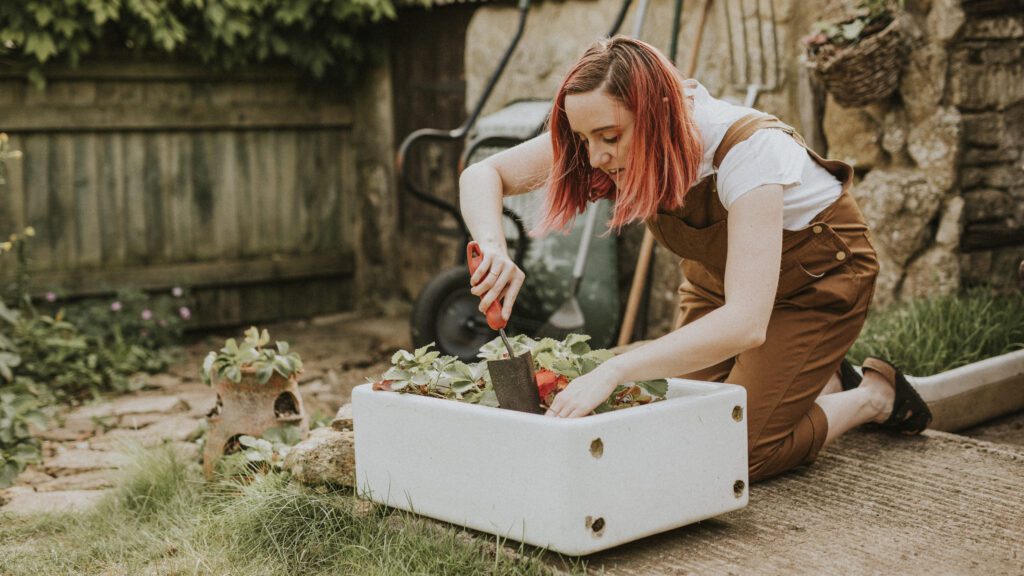 Woman planting in recycled drawer