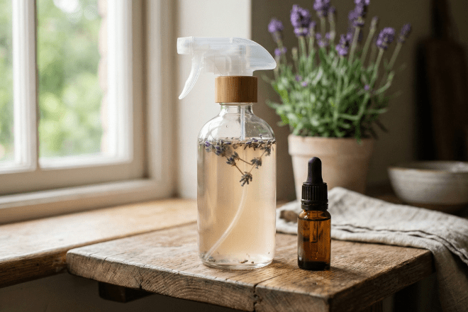Glass spray bottle containing homemade air freshener next to small bottle of lavender essential oil.