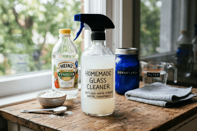 Homemade mirror and glass cleaner in a glass spray bottle next to ingredients used.