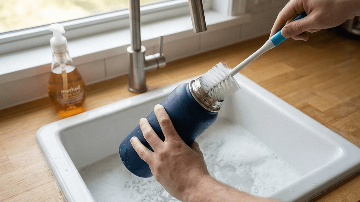 Person cleaning a reusable water bottle